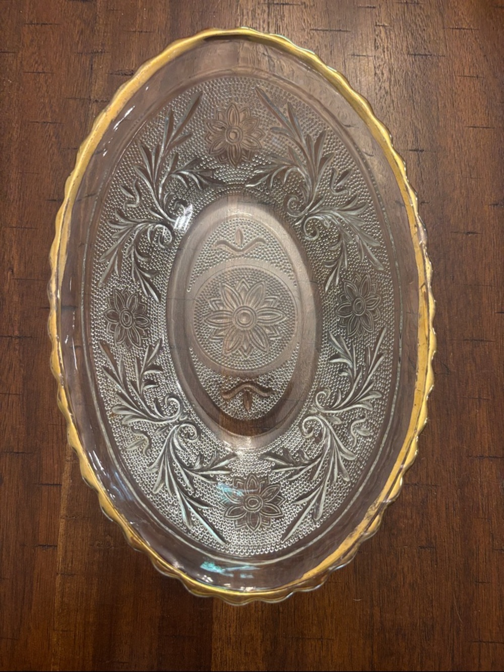 Clear Oval Serving Dish with gold trim faded